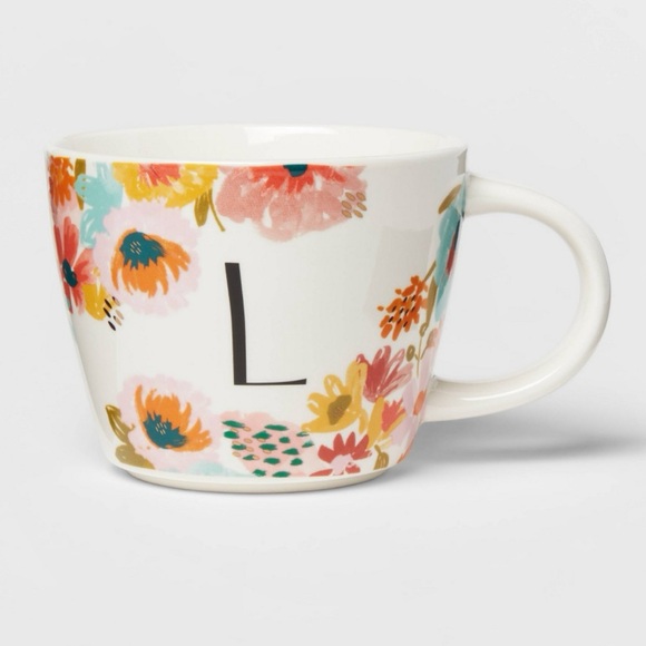 NEW Opalhouse Pair of “L” Monogram 16oz Floral Stoneware Mugs - Picture 2 of 5